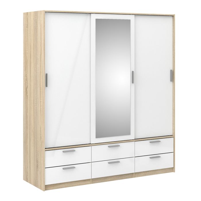 Line Wardrobe with 3 Doors 6 Drawers in Oak with White High Gloss