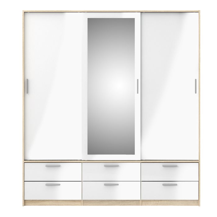 Line Wardrobe with 3 Doors 6 Drawers in Oak with White High Gloss