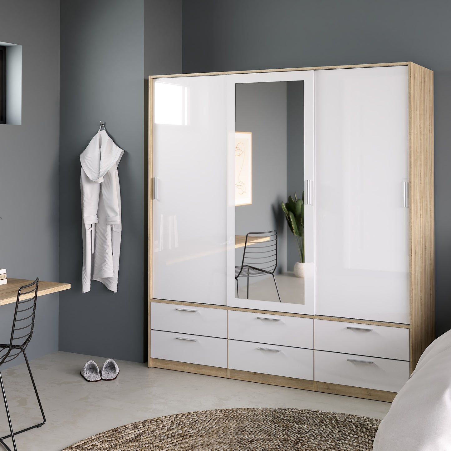 Line Wardrobe with 3 Doors 6 Drawers in Oak with White High Gloss