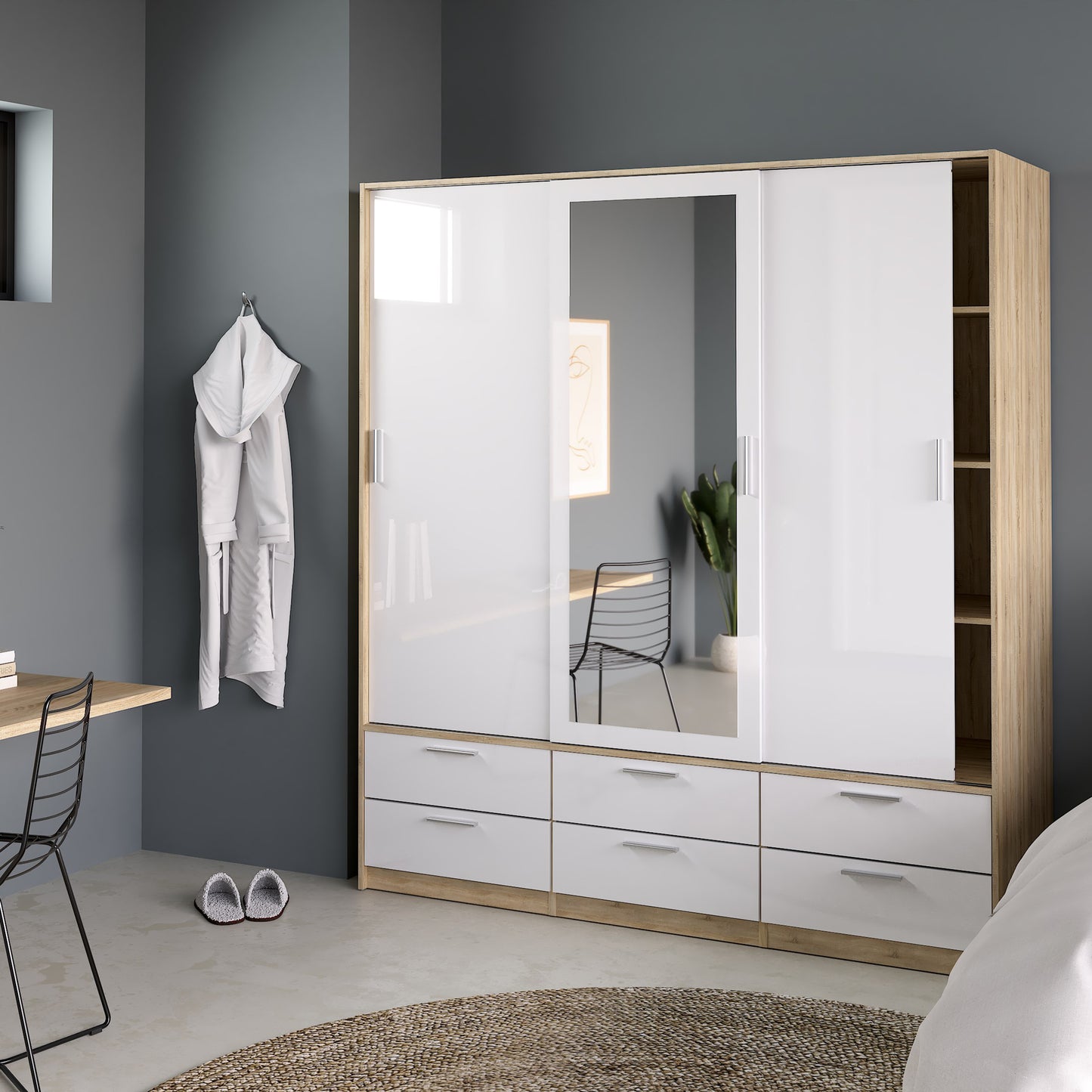 Line Wardrobe with 3 Doors 6 Drawers in Oak with White High Gloss