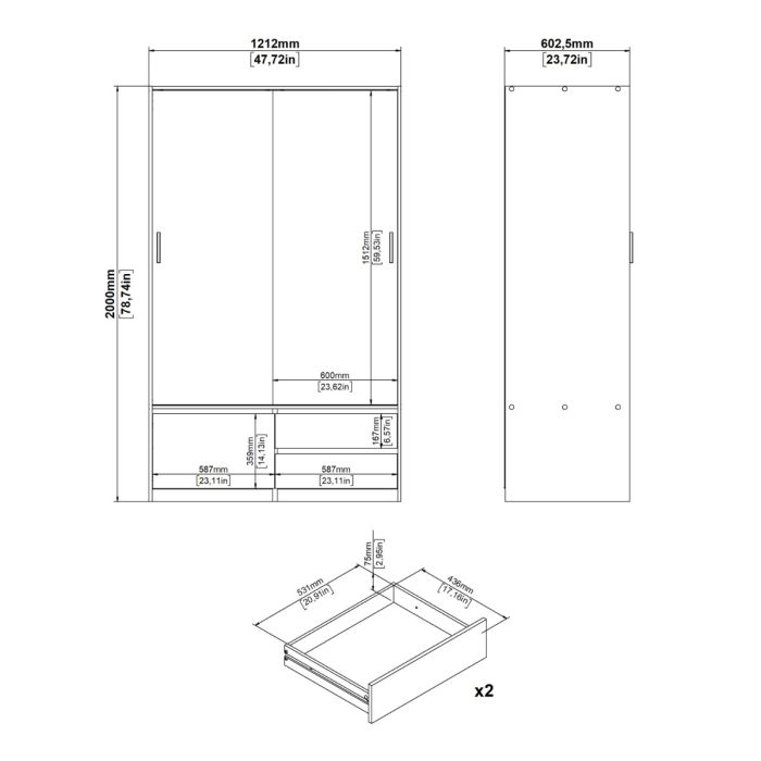 Line Wardrobe with 2 Sliding Doors 1 Small Door and 2 drawers In Jackson Hickory Oak