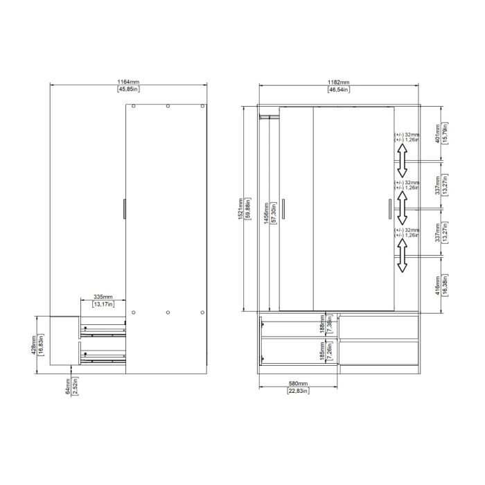 Line Wardrobe with 2 Sliding Doors 1 Small Door and 2 drawers In Jackson Hickory Oak