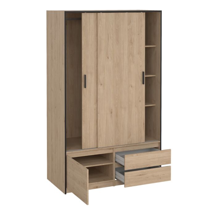 Line Wardrobe with 2 Sliding Doors 1 Small Door and 2 drawers In Jackson Hickory Oak