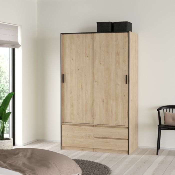 Line Wardrobe with 2 Sliding Doors 1 Small Door and 2 drawers In Jackson Hickory Oak