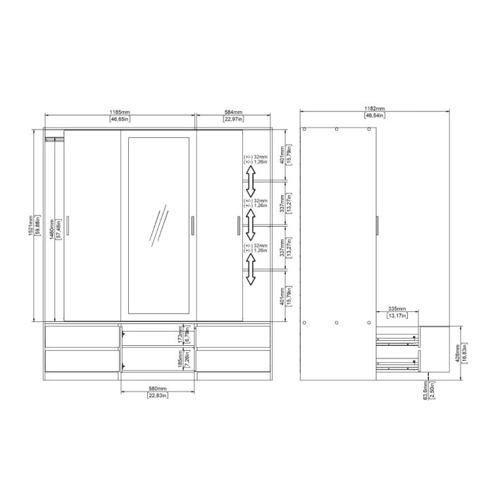 Line Wardrobe with 2 Sliding Doors 1 Sliding Door with Mirror In Jackson Hickory Oak