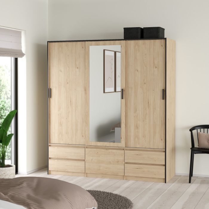 Line Wardrobe with 2 Sliding Doors 1 Sliding Door with Mirror In Jackson Hickory Oak