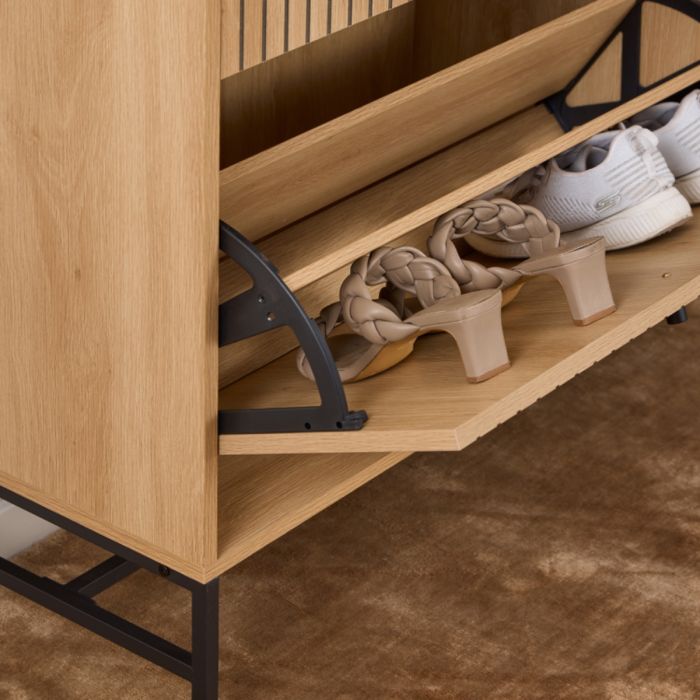 Albany Shoe Cabinet 3 Flip Down Doors 1 Pull Open Door in Oak/Black Legs