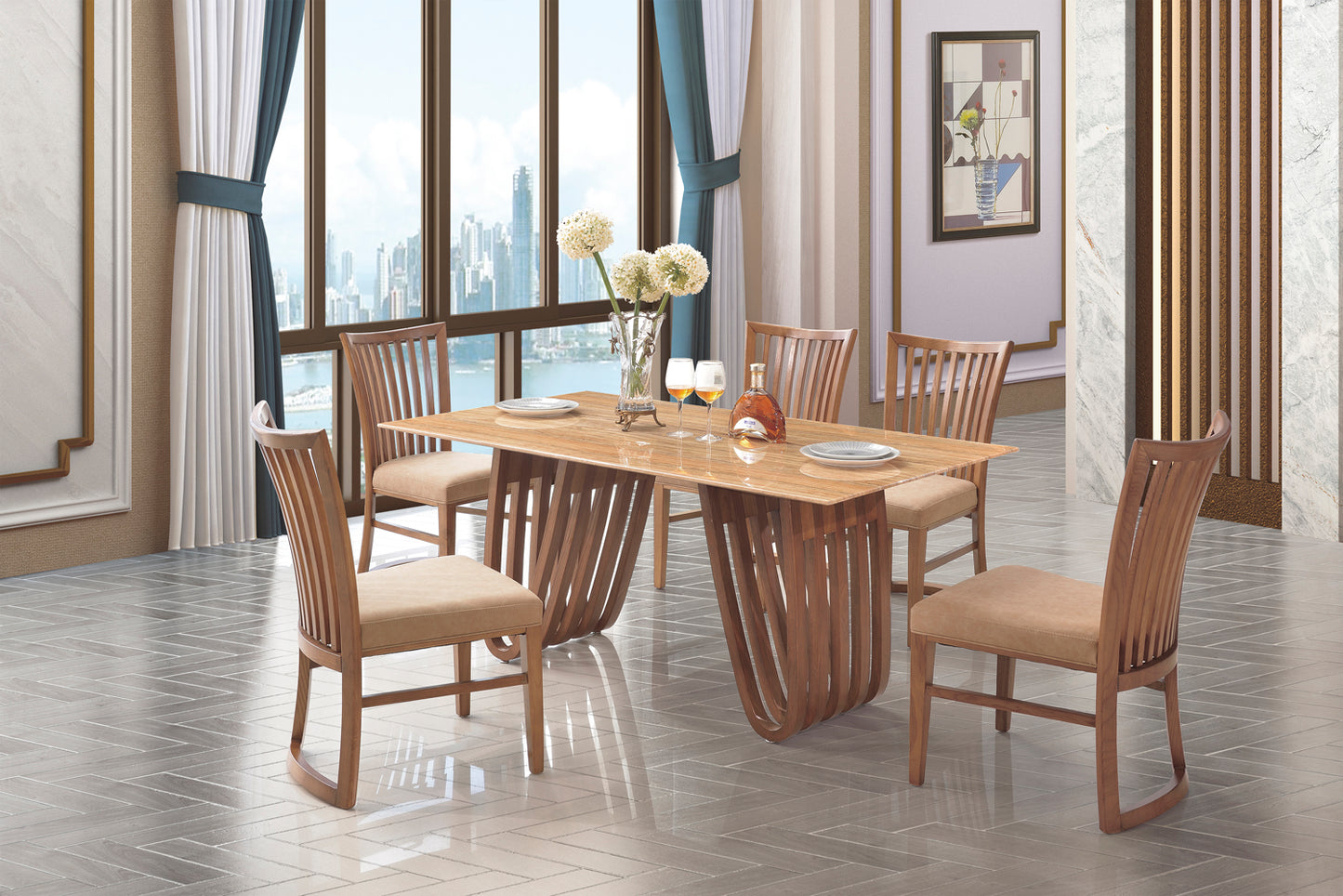 Aurora Marble Dining Table with Wooden Base
