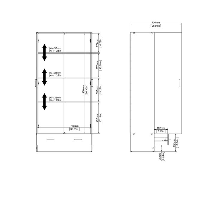 Space Wardrobe with 2 doors + 1 drawer in White 1700