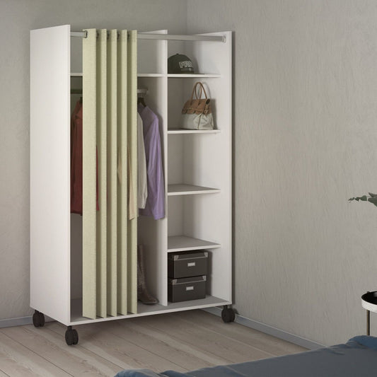 Uppsala Open Mobile  Wardrobe Unit in White with a Beige Textile Curtain on Wheels