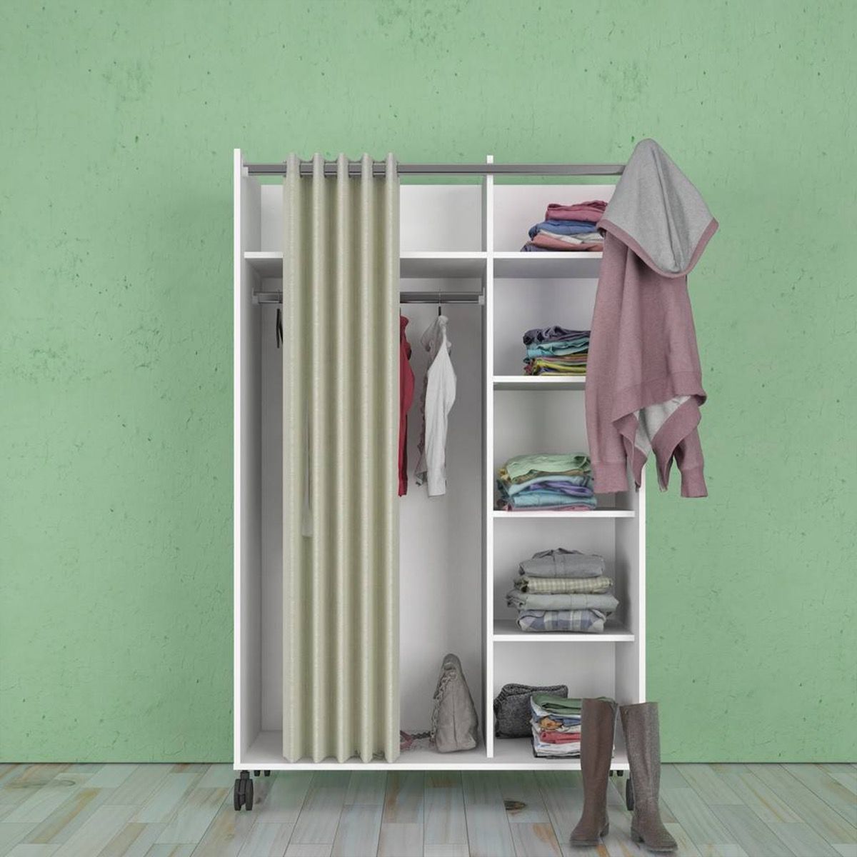 Uppsala Open Mobile  Wardrobe Unit in White with a Beige Textile Curtain on Wheels