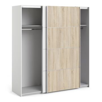 Verona Sliding Wardrobe 180cm in White with Oak and Mirror Doors with 2 Shelves