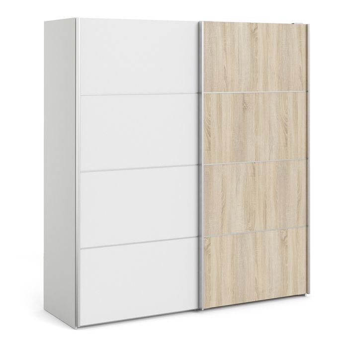 Verona Sliding Wardrobe 180cm in White with Oak and Mirror Doors with 2 Shelves
