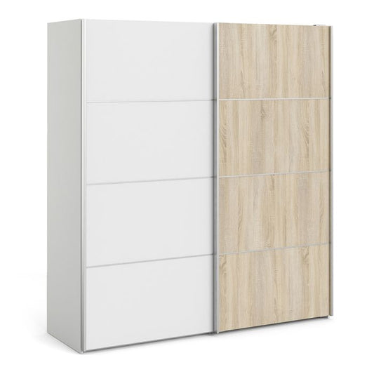 Verona Sliding Wardrobe 180cm in White with Oak and Mirror Doors with 2 Shelves