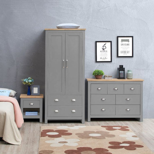 Lisbon 3 Piece Set (2 Door Wardrobe, 3+4 Chest, 1 Drw Bedside) Light Grey