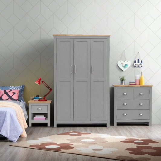 Lisbon 3 Piece Set (3 Door Wardrobe, 2+2 Chest, 1 Drw Bedside) Light Grey